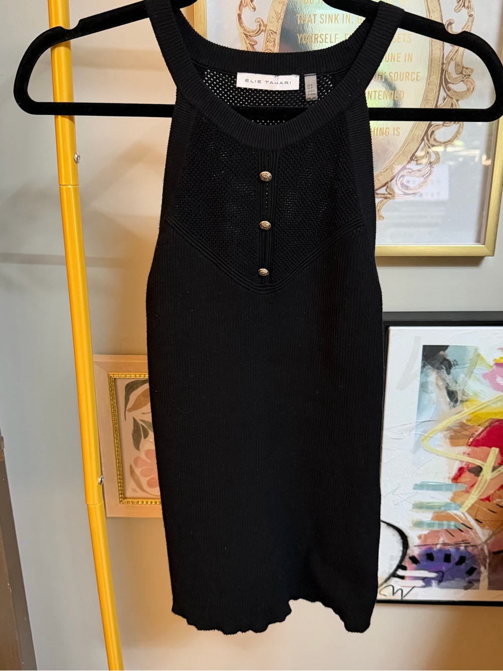 Elie Tahari Black Knit Sleeveless Tank with Gold Buttons